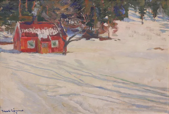 "Vinterlandskap med rød stue",