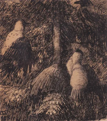 Skogslandskap med fugler