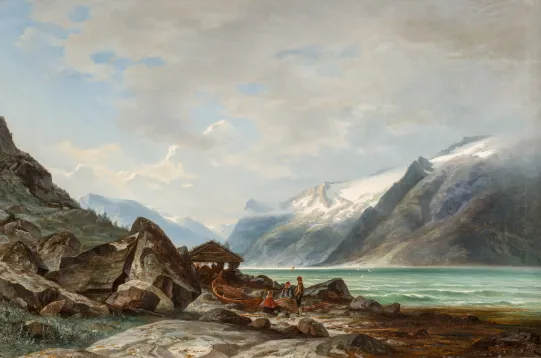 "Norsk fjordlandskap med fiskere"