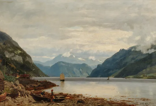 Fjordlandskap med båter og figurer