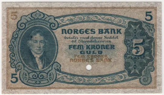 5 kroner 2 utg. Prøvetrykk uten årstall