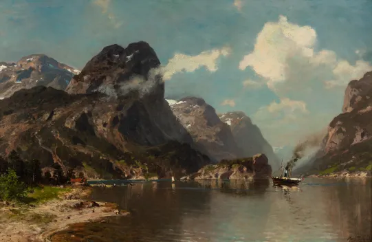 "Fjordparti med dampbåt" 