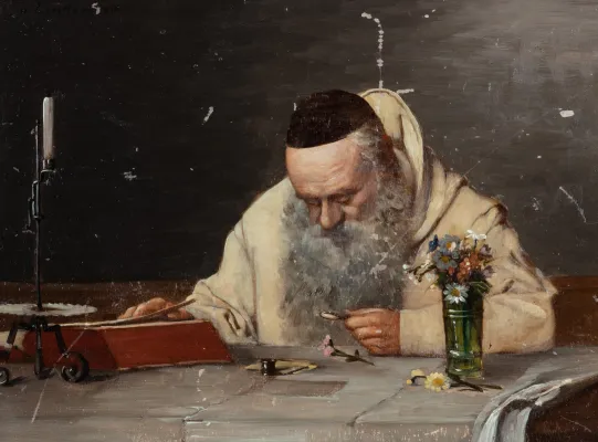 "Munk studerer en blomst"