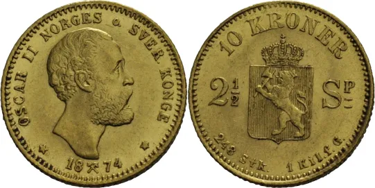 10 kroner 2 1/2 Spc. 1874 Oscar II