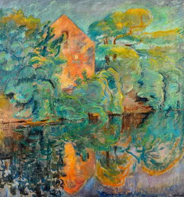 Rødt hus som speiles i vann