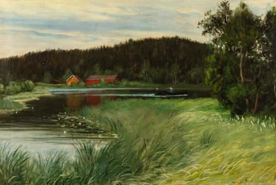 Landskap med innsjø og gårdstun