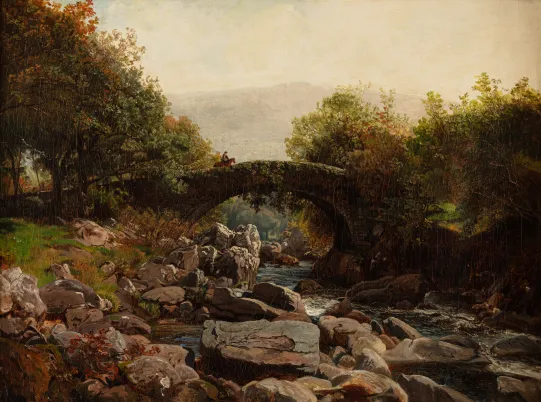 Landskap med bro og elv