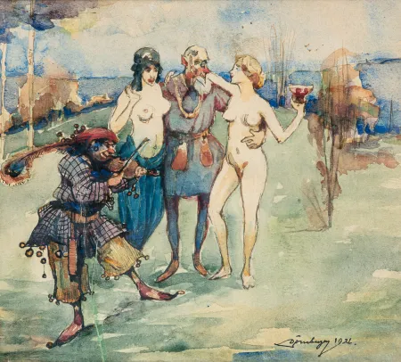 Mann med to kvinner og spillende narr