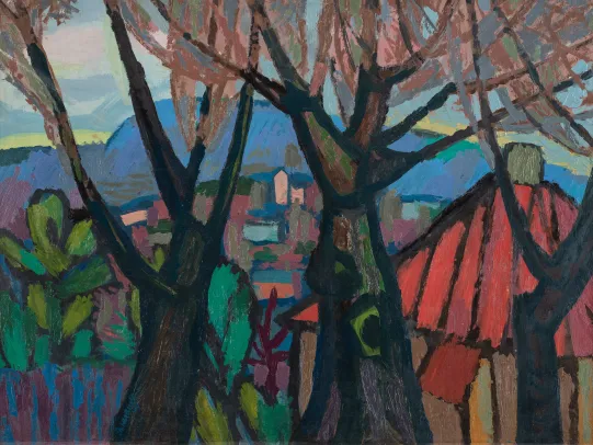 Landskap med rødt hus