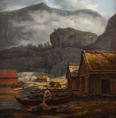 Fjordlandskap med naust og oselver