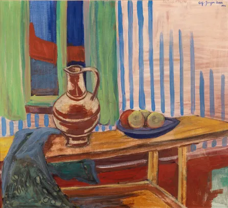 Stilleben med kanne og frukt