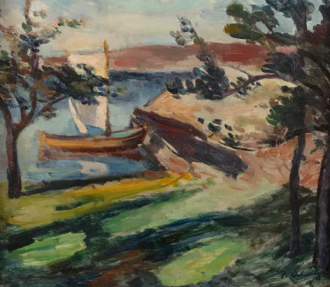 Kystlandskap med seilbåt