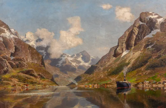 Fjordlandskap med dampbåt