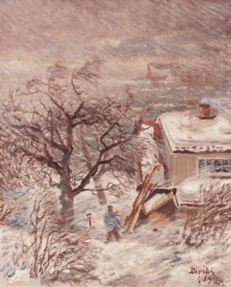 Vinterlandskap med hus