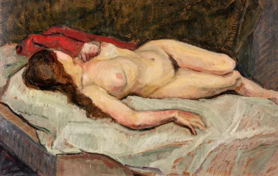 Liggende akt med rødt klede