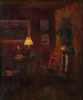 Rødt interiør med kvinne ca. 1891