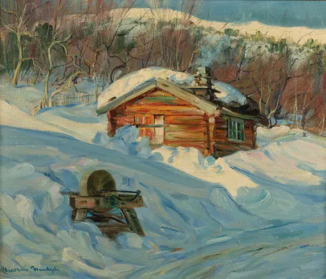 Tømmerhus i vintersol