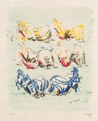 Six Reclining Figures in Yellow, Red and Blue