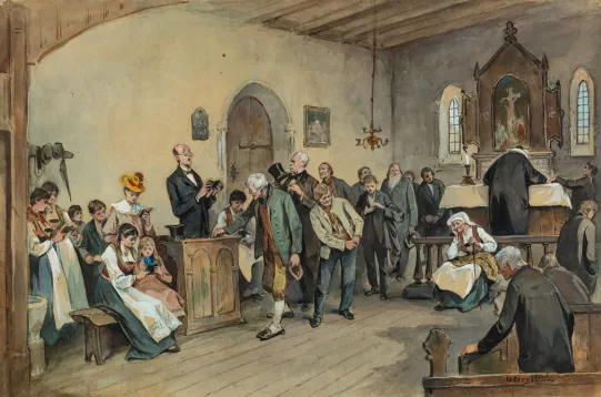 Kirkeinteriør med mennesker