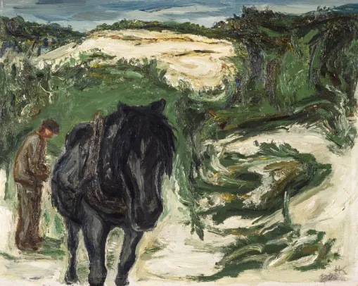 Mann med hest, vårvinter Hakadal