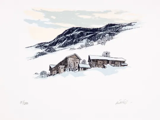 Vinterlandskap med gårdsbruk