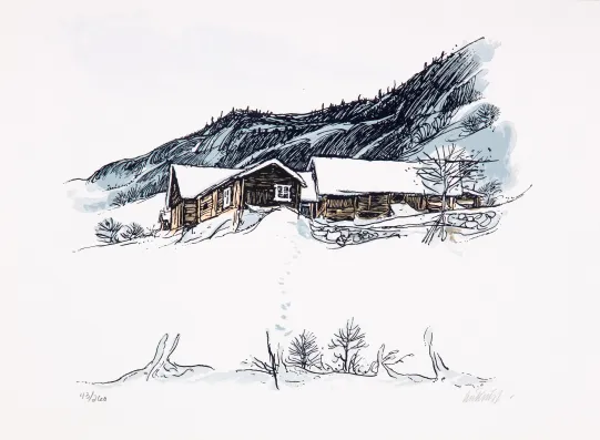 Fjellgård i vinterlandskap